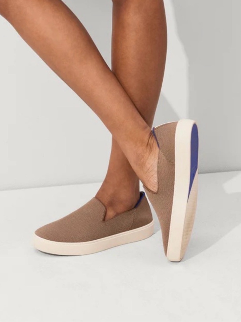 Rothy's Slip-On Flats in Taupe with Blue Trim